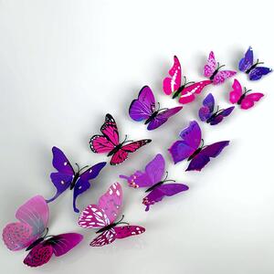 Samolepka na zeď "Realistické plastové 3D Motýli - fialové" 12ks 5-12 cm