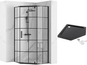 Rea Hex, jednodveřový sprchový kout 90x90 cm, 6 mm čiré sklo, černý profil + černá sprchová vanička Diamond, KPL-K1979