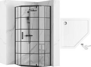 Rea Hex, jednodveřový sprchový kout 90x90 cm, 6 mm čiré sklo, černý profil + bílá sprchová vanička Diamond, KPL-K0979