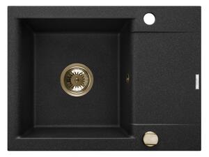 INVENA - Granitový dřez TESALIA krátký odkap, černý s automatickým sifonem, zlatý AZ-01-Z42-B