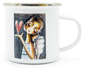 Smaltovaný hrnek Srdeční záležitost Anděl snů, bílý, autorská ilustrace, plecháček, 330 ml