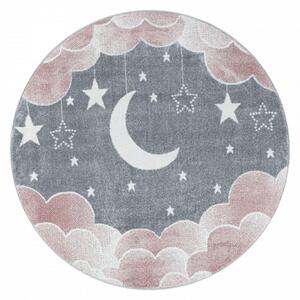 Dětský koberec Funny měsíc nad oblaky růžový / šedý, kruh