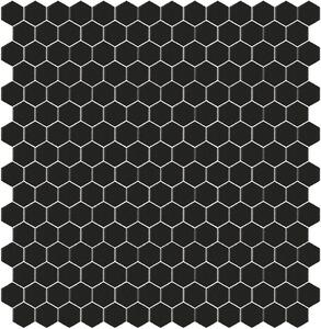Hisbalit Obklad skleněná černá Mozaika 101C SATINATO hexagony hexagony 2,3x2,6 (33,33x33,33) cm - HEX101CLH