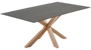 Černý porcelánový jídelní stůl Kave Home Argo 200 x 100 cm s přírodní kovovou podnoží