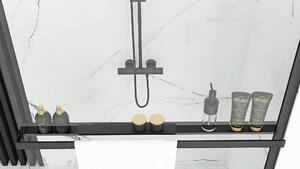 Rea Bler, sprchová zástěna 70x195 cm, 8mm čiré sklo, černý matný profil + police a věšák EVO, 40904