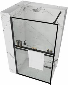 Rea Bler, sprchová zástěna 70x195 cm, 8mm čiré sklo, černý matný profil + police a věšák EVO, 40904