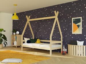 Dětská dřevěná postel SAFE 5v1 ve tvaru teepee se zábranou - Transparentní vosková lazura matná, 90x200 cm, S otevřeným vstupem