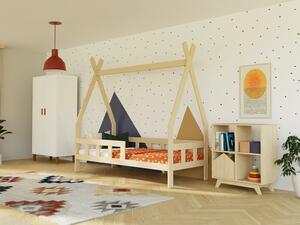 Dětská teepee postel FENCE 4v1 ze dřeva se zábranou - Nelakovaná, 90x160 cm, S otevřeným vstupem