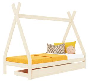 Rostoucí dětská postel SWITCH 2v1 ve tvaru teepee s úložným šuplíkem - Nelakovaná, 90x180 cm