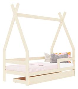 Dětská dřevěná postel SAFE 5v1 ve tvaru teepee se zábranou a úložným šuplíkem - Nelakovaná, 90x200 cm, S jednou zábranou