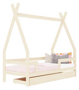 Dětská dřevěná postel SAFE 5v1 ve tvaru teepee se zábranou a úložným šuplíkem - Nelakovaná, 90x160 cm, S jednou zábranou