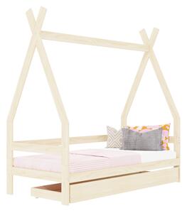 Dětská dřevěná postel SAFE 5v1 ve tvaru teepee se zábranou a úložným šuplíkem - Nelakovaná, 90x180 cm, S jednou zábranou