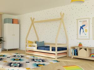 Dětská dřevěná postel SAFE 5v1 ve tvaru teepee se zábranou a přistýlkou - Nelakovaná, 90x200 cm, S otevřeným vstupem
