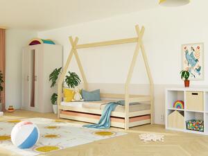 Dětská dřevěná postel SAFE 5v1 ve tvaru teepee se zábranou a přistýlkou - Nelakovaná, 90x180 cm, Se dvěma zábranami