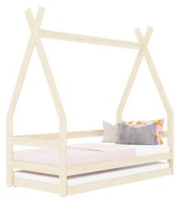 Dětská dřevěná postel SAFE 5v1 ve tvaru teepee se zábranou a přistýlkou - Nelakovaná, 90x160 cm, Se dvěma zábranami