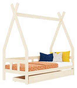 Dětská teepee postel FENCE 4v1 ze dřeva se zábranou a úložným šuplíkem - Nelakovaná, 90x200 cm, S otevřeným vstupem