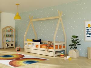 Dětská teepee postel FENCE 4v1 ze dřeva se zábranou a úložným šuplíkem - Petrolejová, 90x180 cm, S jednou zábranou