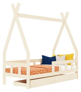 Dětská teepee postel FENCE 4v1 ze dřeva se zábranou a úložným šuplíkem - Nelakovaná, 90x160 cm, S otevřeným vstupem