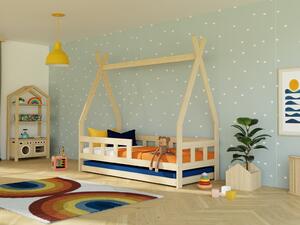 Dětská teepee postel FENCE 4v1 ze dřeva se zábranou a přistýlkou - Nelakovaná, 90x180 cm, S otevřeným vstupem