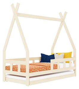 Dětská teepee postel FENCE 4v1 ze dřeva se zábranou a přistýlkou - Nelakovaná, 90x160 cm, S otevřeným vstupem