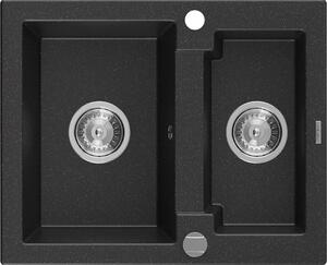 Mexen Carlos, granitový dřez 582x475x177 mm, 1,5-komorový, černá-stříbrná metalíza, 6518581500-73