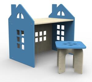 Stoly - Dřevěný stůl ve tvaru domu s židlí v modré barvě