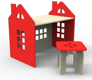 Stoly - Červený dřevěný stůl ve tvaru domu s židlí pro děti