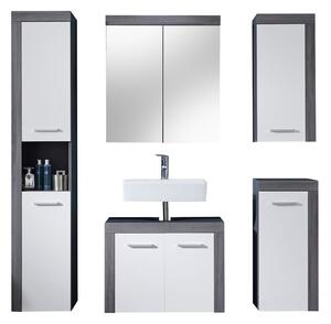Koupelnová sestava BRISOT pětidílná se zrcadlovou skříňkou; bílá / šedá