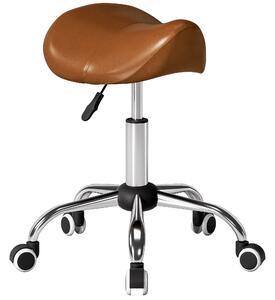 HOMCOM ergonomická sedlová stolička na kolečkách, výškově nastavitelná 49–61 cm, otočná 360°, sedák z PU, chromovaná podstava s kolečky — hnědá | Aoso