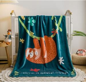 Plyšové deky - Dětská tmavě zelená deka s lenochodem - 100x150 cm