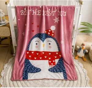 Plyšové deky - Dětská růžová deka s tučňákem - 100x150 cm