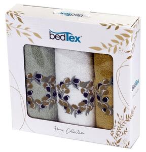 BedTex dárkový set froté ručníků OLIVOVÝ VĚNEČEK, zelený s výšivkou, 30x50cm, 3ks