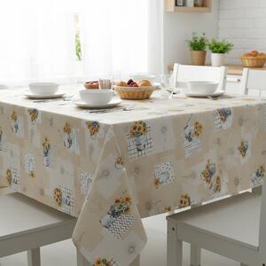Ubrus PVC s textilním podkladem 1247-1, slunečnice v konvičce, béžová, š.140cm (metráž)