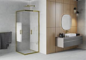 Mexen Rio, čtvercový sprchový kout s posuvnými dveřmi 90 (dveře) x 90 (dveře) x 190 cm, 5mm čiré sklo s pásky, zlatý profil, 860-090-090-50-20