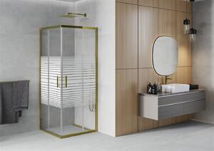 Mexen Rio, čtvercový sprchový kout s posuvnými dveřmi 90 (dveře) x 90 (dveře) x 190 cm, 5mm čiré sklo s pásky, zlatý profil, 860-090-090-50-20
