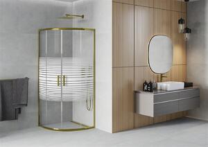 Mexen Rio, čtvrtkruhový sprchový kout 90(dveře)x90(dveře)x190 cm, 5mm čiré sklo s pásky, zlatý profil, 863-090-090-50-20