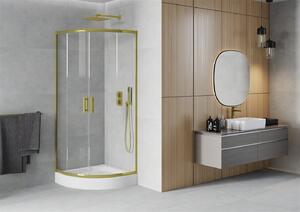 Mexen Rio, čtvrtkruhový sprchový kout s posuvnými dveřmi 80 (dveře) x 80 (dveře) x 190 cm, 5mm čiré sklo, zlatý profil + bílá sprchová vanička RIO, 863-080-080-50-00-4710