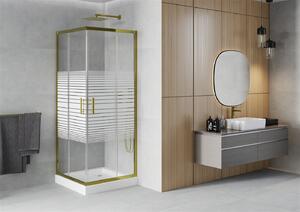 Mexen Rio, čtvercový sprchový kout s posuvnými dveřmi 80 (dveře) x 80 (dveře) x 190 cm, 5mm čiré sklo s pásky, zlatý profil + bílá sprchová vanička RIO, 860-080-080-50-20-4510