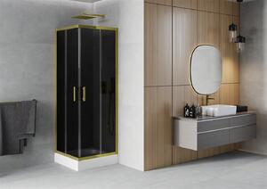 Mexen Rio, čtvercový sprchový kout s posuvnými dveřmi 80 (dveře) x 80 (dveře) x 190 cm, 5mm šedé sklo, zlatý profil + bílá sprchová vanička RIO, 860-080-080-50-40-4510