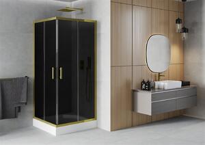 Mexen Rio, čtvercový sprchový kout s posuvnými dveřmi 90 (dveře) x 90 (dveře) x 190 cm, 5mm šedé sklo, zlatý profil + černá sprchová vanička RIO, 860-090-090-50-40-4510