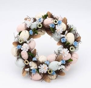 DECOLED Velikonoční věnec, 30 x 8 cm, modré kvítky a vajíčka