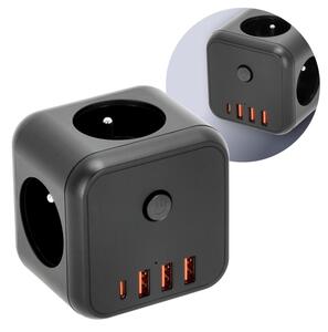 Rozbočovací zásuvka s vypínačem LINEA 3x230V + 4xUSB A/C černá