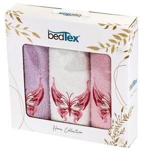 BedTex dárkový set froté ručníků MOTÝL, růžový s výšivkou, 30x50cm, 3ks