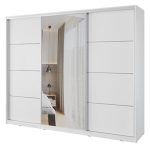 Šatní skříň NEJBY BARNABA 280 cm s posuvnými dveřmi, zrcadlem, 4 šuplíky a 2 šatními tyčemi, bílá