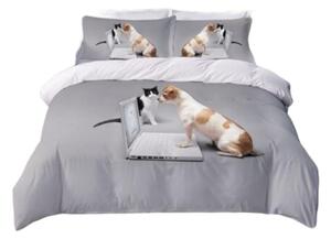 Sendia 3-dílné povlečení pilný pes a kočka 3 D šedá 140 x 200 na jednu postel