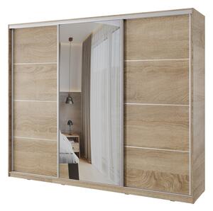 Šatní skříň NEJBY BARNABA 250 cm s posuvnými dveřmi,zrcadlem,4 šuplíky a 2 šatními tyčemi,dub sonoma