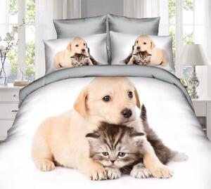 Bavlissimo 7-dílné povlečení kotě a štěně 3 D bílá 140x200 na dvě postele