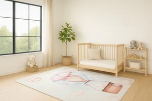 Makro Abra Kusový dětský koberec KIDS 2403177N Zajíček Létající Balón krémový hnědý modrý Rozměr: 80x150 cm