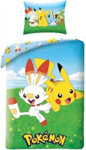 Bavlněné ložní povlečení Pokémoni - motiv Scorbunny a Pikachu - 100% bavlna - 70 x 90 cm + 140 x 200 cm