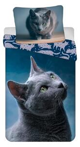Bavlněné povlečení pro všechny milovníky koček. Povlečení laděné do modré barvy. Rozměr povlečení je 140x200, 70x90 cm